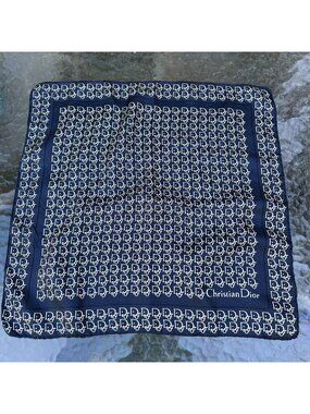 Vintage Christian Dior Trotter Monogram Silk Scarf Navy Blue Cream
